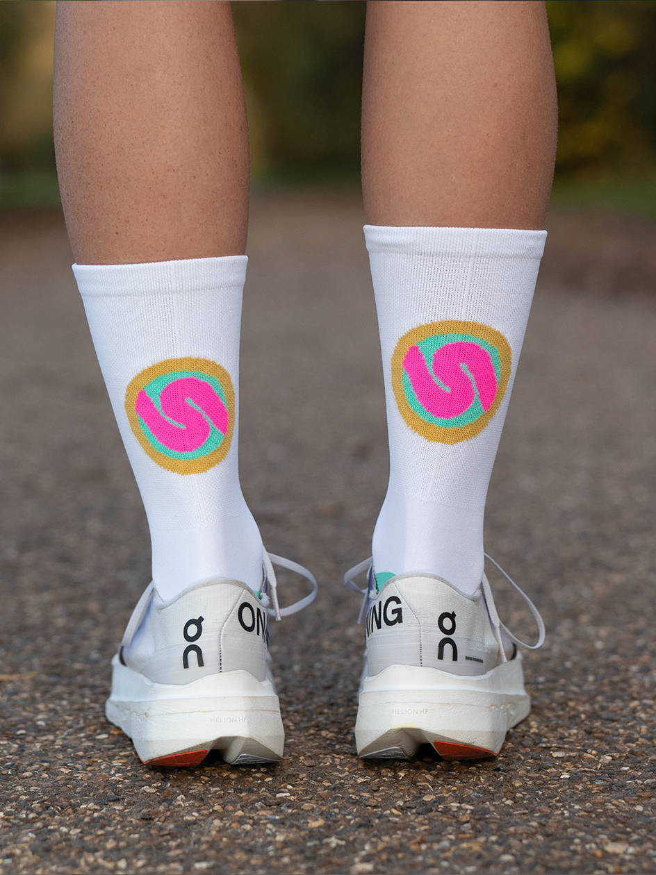 SUSPENSE RUNNING & CYCLING SOCKS: HOT PINK & GOLD CIRCLE