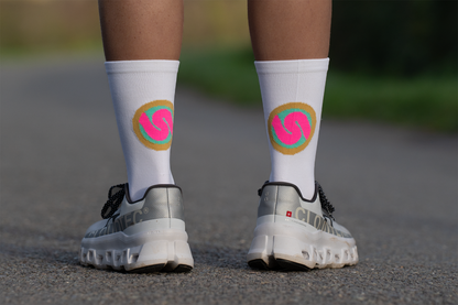 SUSPENSE RUNNING & CYCLING SOCKS: HOT PINK & GOLD CIRCLE